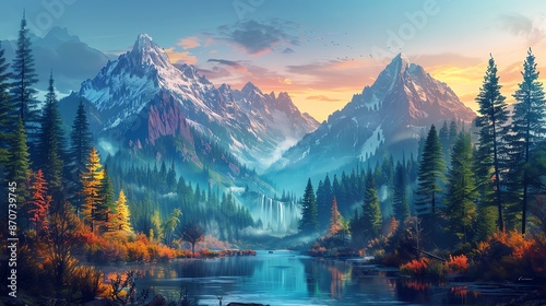 Serene mountain landscape with a river flowing through a forest. photo