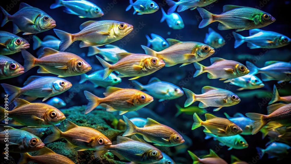 Luminous fish gathering in a dark underwater environment , underwater