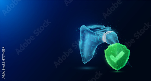 Shoulder bone human organ anatomy with check mark in green shield glowing. Protection arthritis osteoporosis. Medical science concept. Banner empty space for text. Vector EPS10.