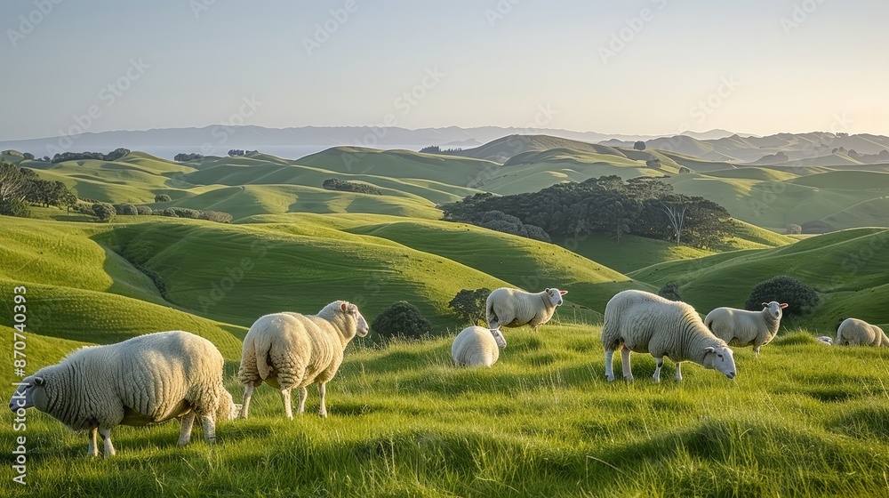 A flock of sheep grazing on a verdant hillside, with rolling hills and a clear blue sky, midday light A flock of sheep grazing on a verdant hillside, with rolling hills and a clear blue sky, midday light