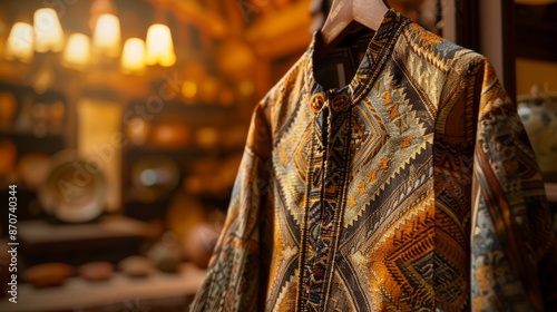 Traditional Handcrafted Textile Jacket with Intricate Patterns Hanging in Artisan Workshop © Oleg