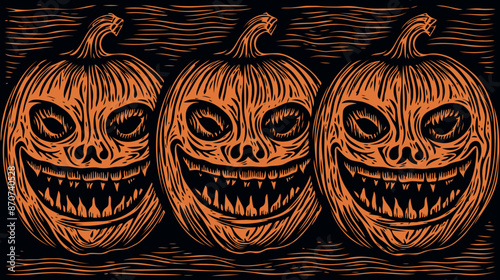 Scary pumpkins design on black background, minimalist vector illustration