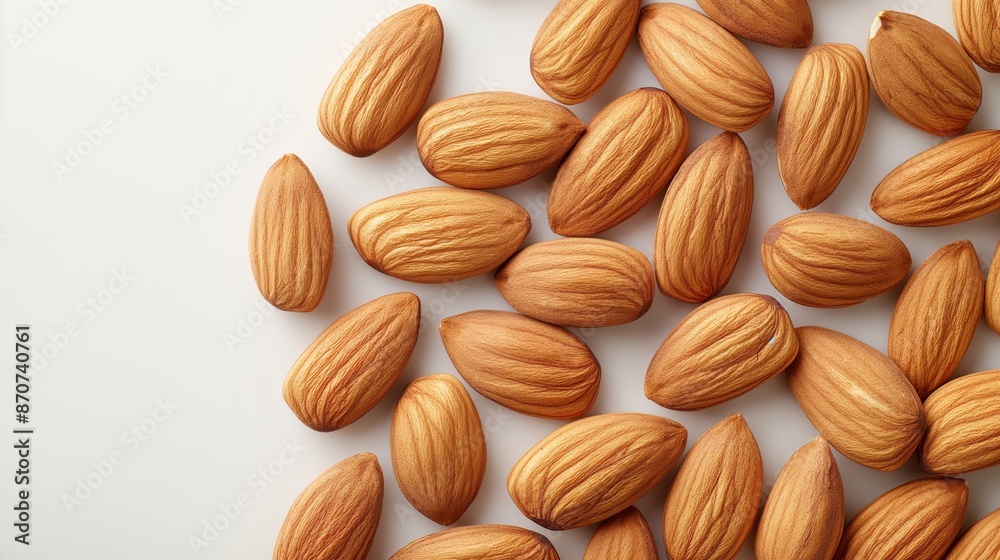 A cluster of almonds spread out over a white surface, showcasing their smooth texture and uniform golden hue, inviting a closer look at nature's bounty. A cluster of almonds spread out over a white surface, showcasing their smooth texture and uniform golden hue, inviting a closer look at nature's bounty.