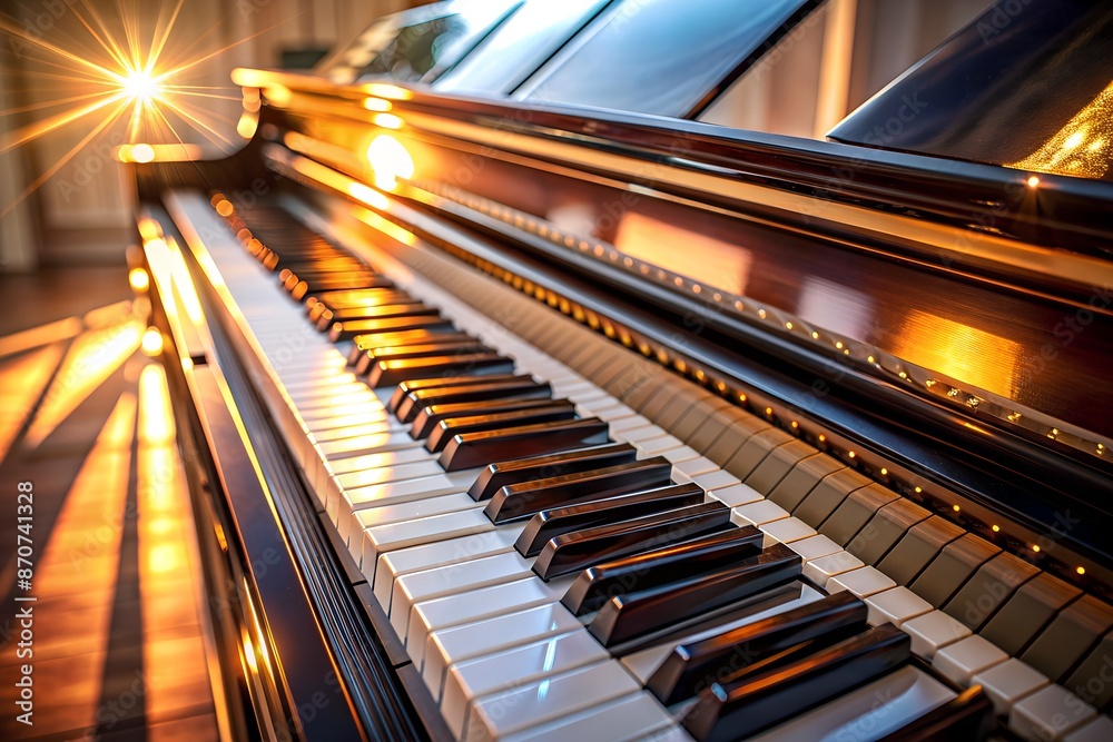 A visually compelling angle view of piano keys under ambient lighting, the image highlights the elegant design and craftsmanship of this beloved musical instrument A visually compelling angle view of piano keys under ambient lighting, the image highlights the elegant design and craftsmanship of this beloved musical instrument