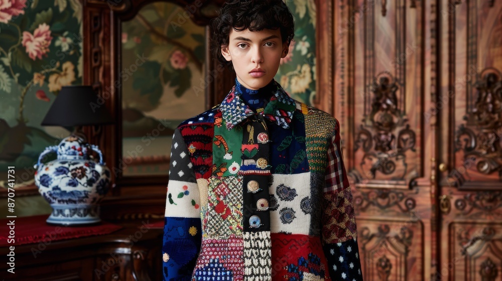 Fashionable Young Woman Wearing Patchwork Jacket in Ornate Vintage Room Fashionable Young Woman Wearing Patchwork Jacket in Ornate Vintage Room
