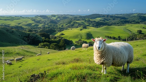 A flock of sheep grazing on a verdant hillside, with rolling hills and a clear blue sky, midday light
