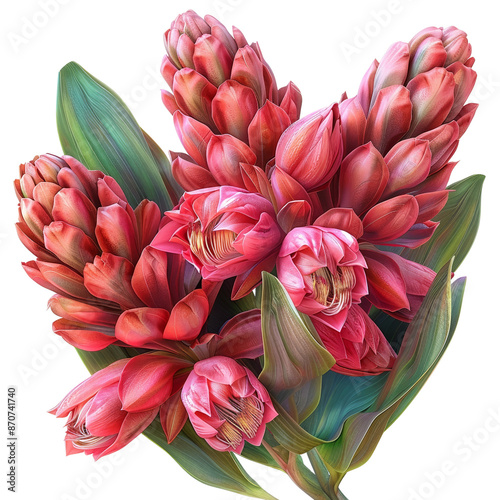 A vibrant bouquet of red tropical flowers, gymea lily with lush green leaves, showcasing the beauty of nature's intricate patterns and vivid colors. png. cut out. transparent background.
