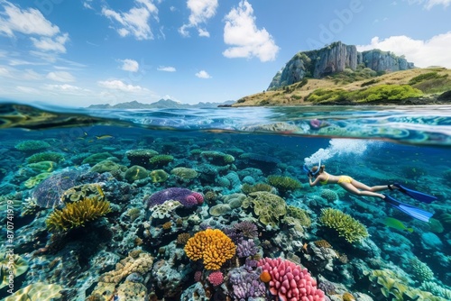 A person snorkeling in crystal-clear waters, with colorful coral reefs and tropical fish visible, showcasing the adventure and natural beauty of the underwater world