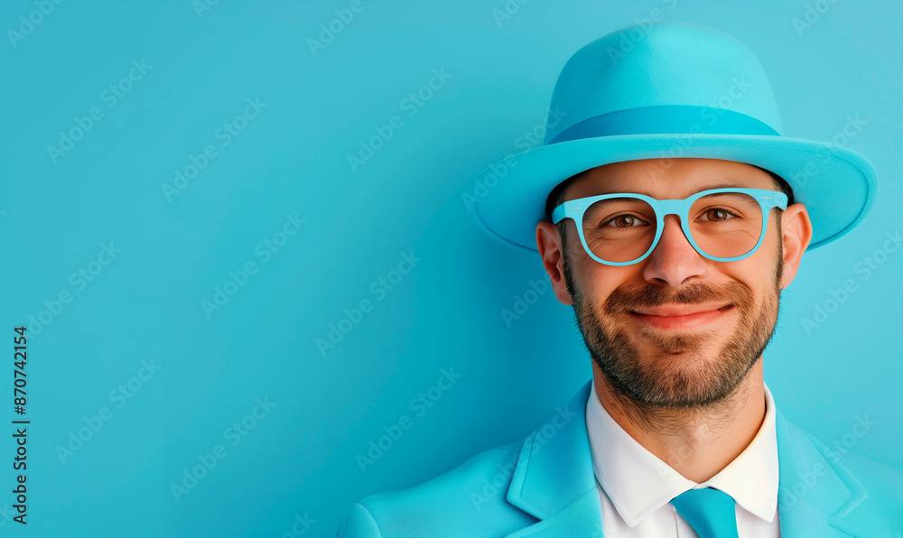 Smiling man in blue hat. Stylish portrait with blue background Smiling man in blue hat. Stylish portrait with blue background