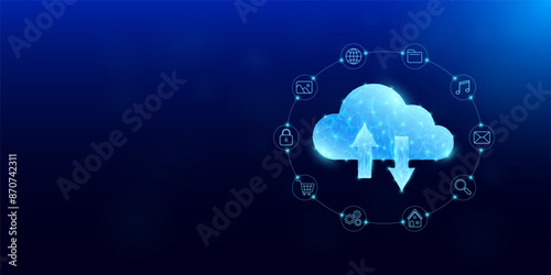 Cloud with arrows rotate polygonal futuristic glowing. Surround social icon. Storage space and data connection network multiple devices. Digital technology innovation. Vector.