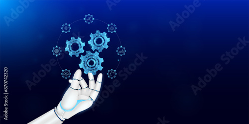 Robot hand holding gears or cogwheels polygonal futuristic with industry icon. Effective workflow of organization. Teamwork, collaboration. Mechanical technology machine engineering symbol. Vector.