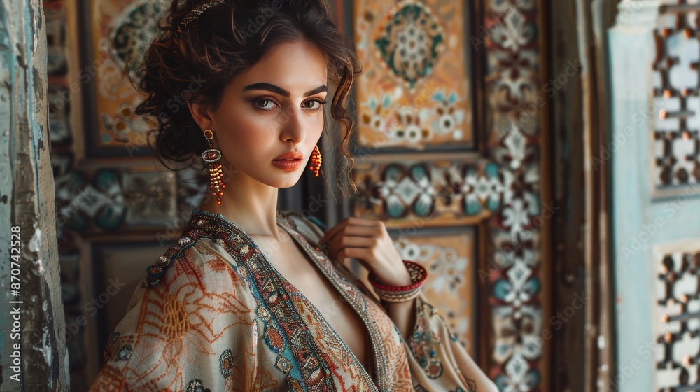 Elegant Woman Posing in Ornate Traditional Dress with Intricate Patterns in Vintage Setting Elegant Woman Posing in Ornate Traditional Dress with Intricate Patterns in Vintage Setting