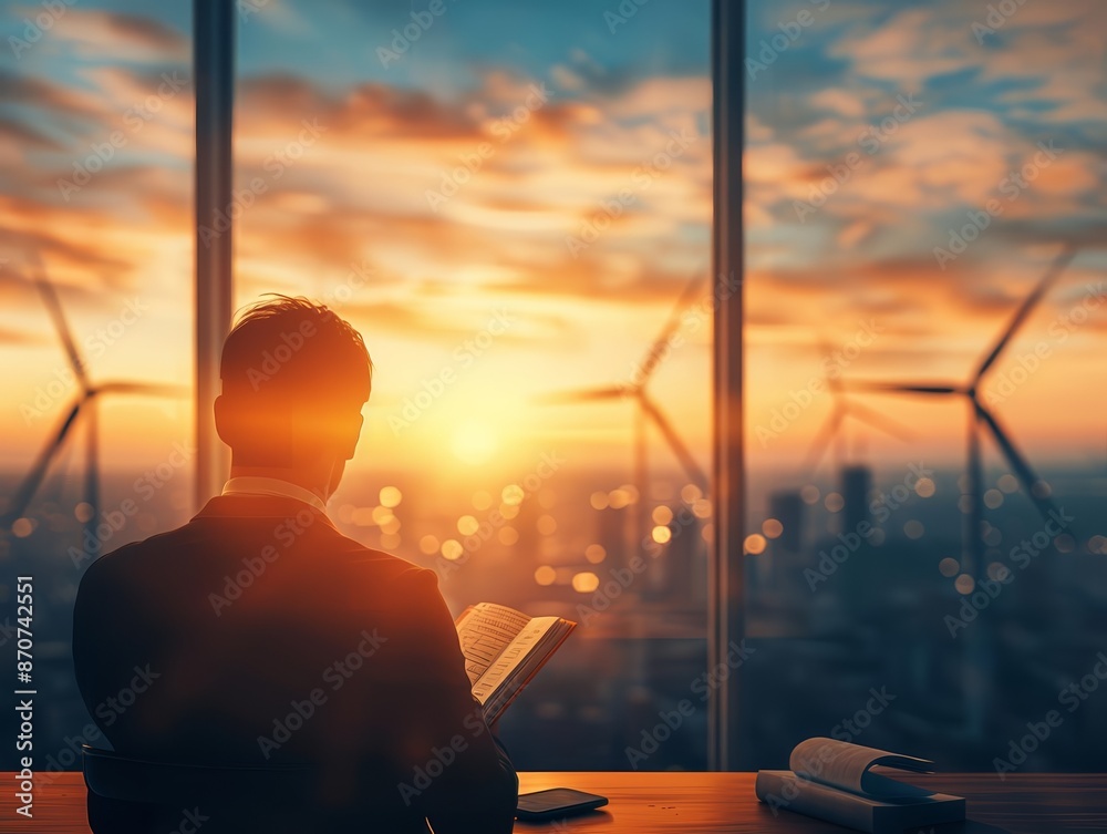 Fototapeta premium Civil engineer at a renewable energy site, planning wind turbine installations, with turbines and landscape, promoting clean energy projects