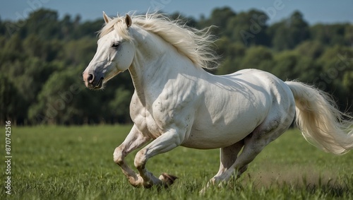 white horse runs gallop in rich organic pasture on a sunny day