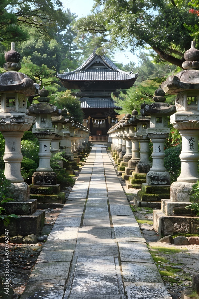 Stone lanterns and pathway leading to a temple in Japan Stone lanterns and pathway leading to a temple in Japan