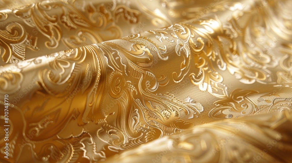 Close-up of luxurious gold brocade fabric with intricate patterns, showcasing elegance and opulence in textile design. Close-up of luxurious gold brocade fabric with intricate patterns, showcasing elegance and opulence in textile design.