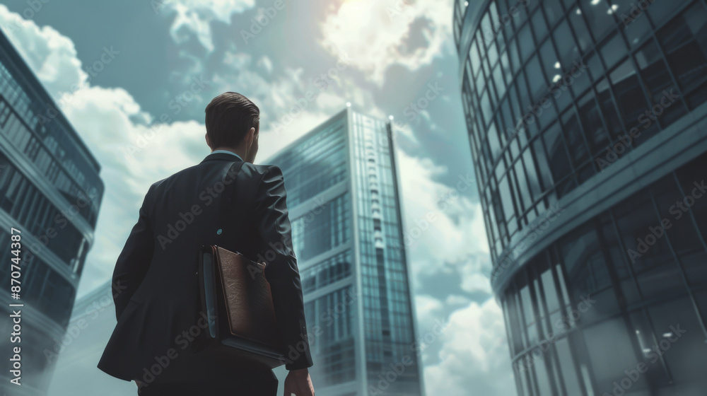 Fototapeta premium Portrait of a young businessman in a stylish suit walking through a metropolis at sunset. Handsome man relaxing in the fresh air. Walk, business concept. Lifestyle.