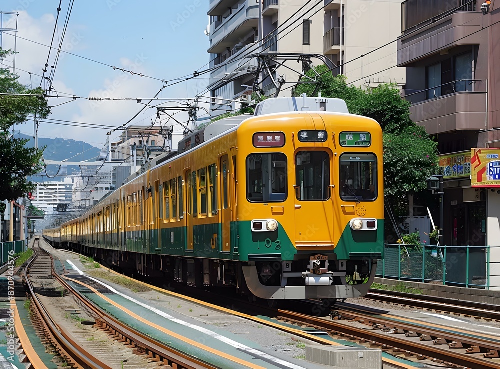 Obraz premium A green and yellow train is passing through a city.