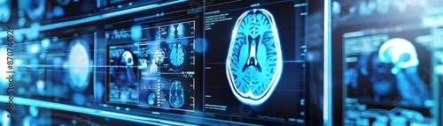 Holographic x-ray monitors, futuristic analysis, advanced technology, blue and silver tones