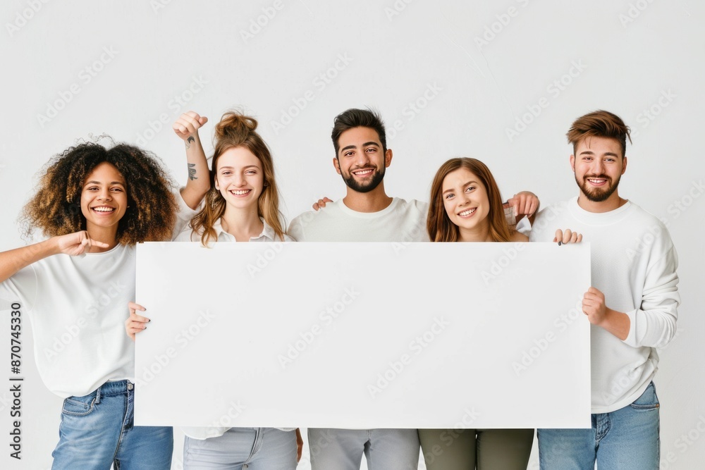 A cheerful group of young people holding a large blank white poster, ready for customization. A cheerful group of young people holding a large blank white poster, ready for customization.