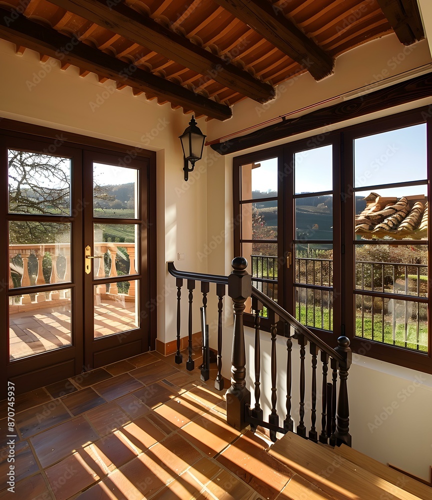 Obraz premium Interior Design of a Rustic House with Wooden Beams and Staircase