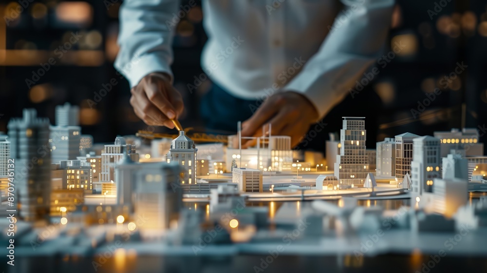 Civil engineer presenting sustainable urban planning ideas, with green buildings and ecofriendly transport models, promoting sustainable development Civil engineer presenting sustainable urban planning ideas, with green buildings and ecofriendly transport models, promoting sustainable development