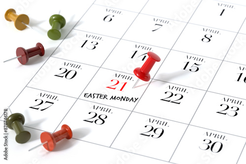 Calendar with Red Pushpin. Easter Monday Concept Using White Background. 3d Rendering