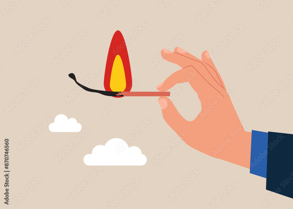 Desperate businessman with on burning matchstick. Pressure to finish within deadline. Flat vector illustration Desperate businessman with on burning matchstick. Pressure to finish within deadline. Flat vector illustration