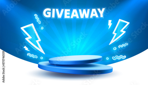 Giveaway neon podium, shop mega discount, special promo frame. Vector illustration