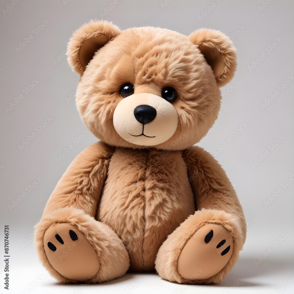 Obraz premium A fluffy brown teddy bear with black eyes and a simple facial expression, sitting on a white background