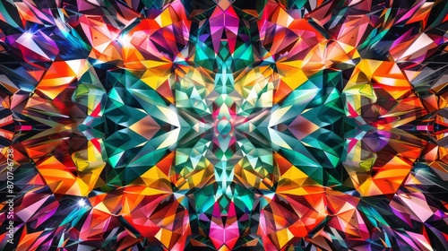 A captivating kaleidoscopic image featuring vibrant colors and intricate, mirrored geometric patterns.