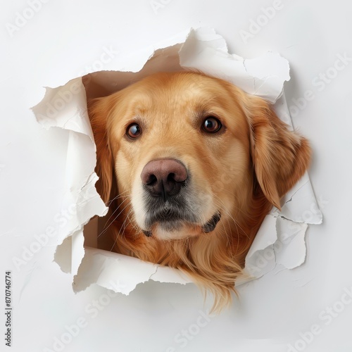 an Golden Retriever dog head peek out from a hole of sheet of paper, front side, editorial photography, on white background photo