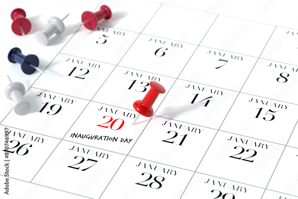 Calendar with Red Pushpin. Inauguration Day Concept Using White Background. 3d Rendering Calendar with Red Pushpin. Inauguration Day Concept Using White Background. 3d Rendering