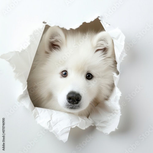 an Samoyed dog head peek out from a hole of sheet of paper, front side, editorial photography, on white background photo