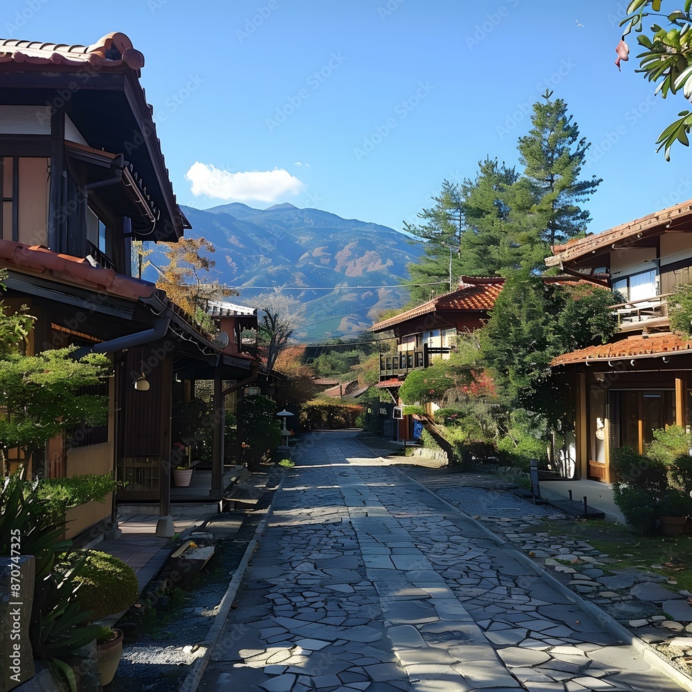 Stone paved alley between traditional Japanese houses Stone paved alley between traditional Japanese houses