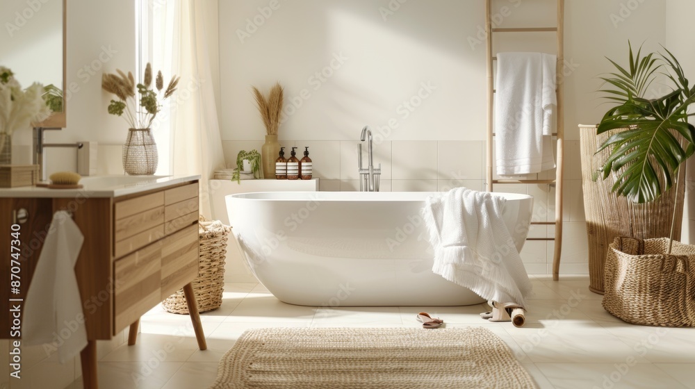 Modern Minimalist Bathroom with Freestanding Tub and Natural Decor Elements.