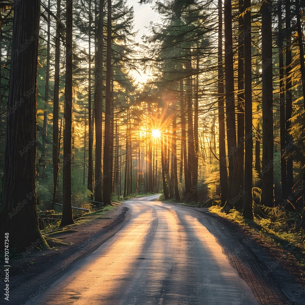 Fototapeta premium The sun shines through the tall trees in the forest