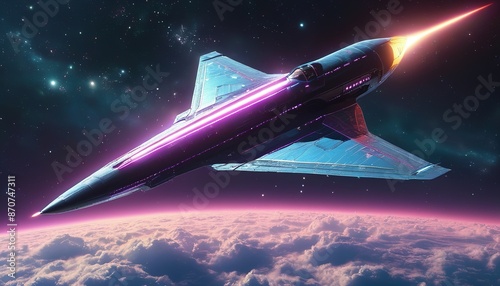 Fototapeta Naklejka Na Ścianę i Meble -  Chiaroscuro Magenta Astral Airship: A Sleek, Futuristic Spaceship Soaring Through the Cosmos