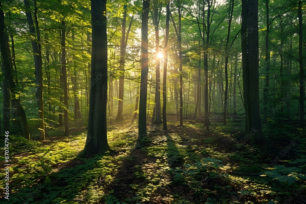 Fototapeta premium The sun shines through the green trees in the forest