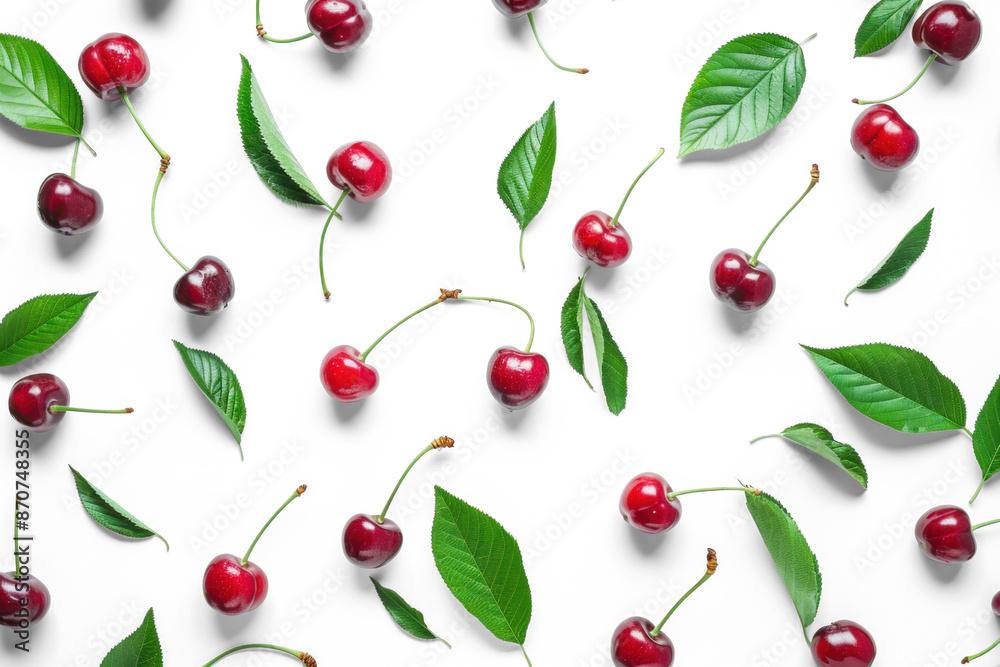 Fresh Cherries and Leaves Pattern on Transparent Background Fresh Cherries and Leaves Pattern on Transparent Background