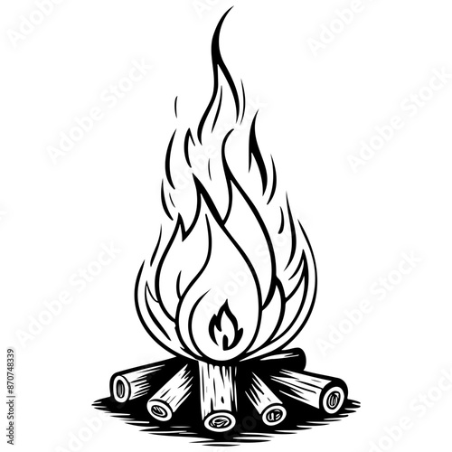 camp fire black hand drawn line illustration, transparent background