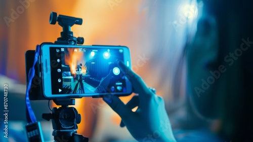 Videographer captures a music concert with a smartphone on a tripod