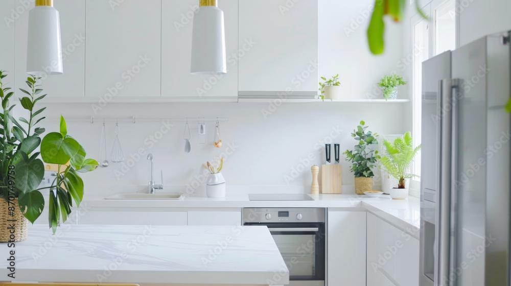 Fototapeta premium Modern Minimalist Kitchen with White Cabinets, Marble Countertops, and Indoor Plants.