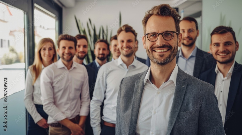 A group of smiling business professionals stand in an office setting, exuding confidence and success