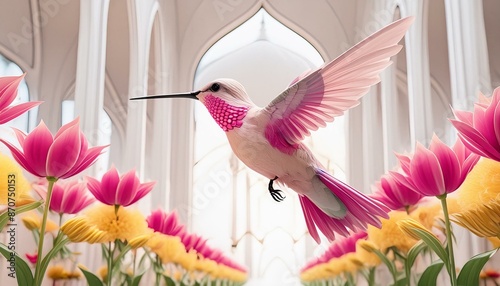 Nature's Dance: Pink Sunflowers and Tulips Frame a Mosque's White Background, with a Hummingbird in Flight