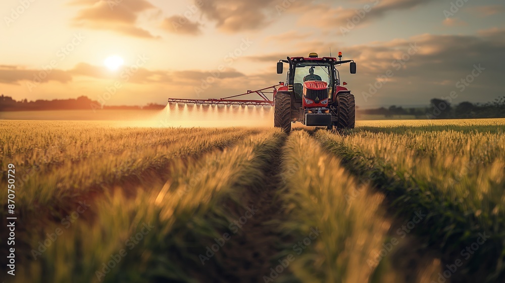 Fototapeta premium A tractor methodically sprays a golden wheat field at sunset, casting a mist that catches the last golden rays of the sun.