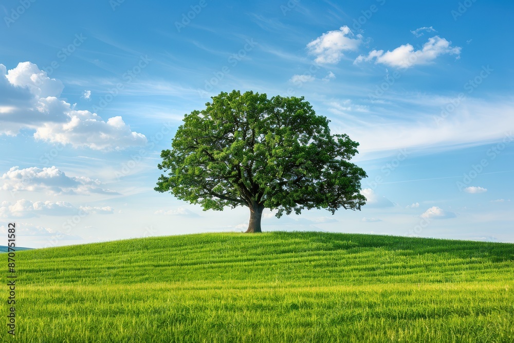 A lone tree stands tall on a grassy hill against a bright blue sky. A lone tree stands tall on a grassy hill against a bright blue sky.