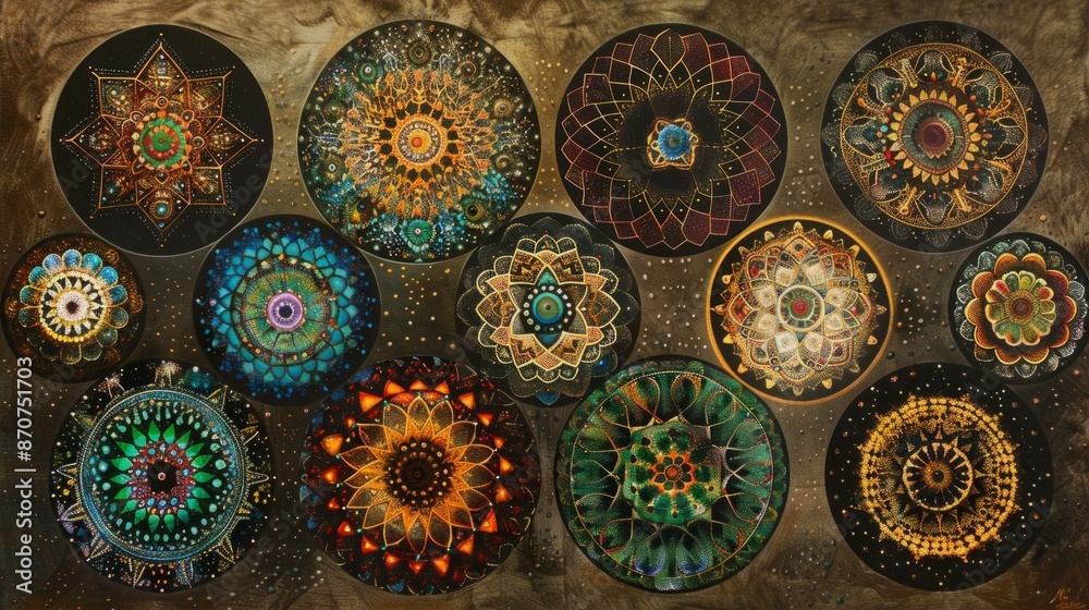A colorful and diverse collection of geometric mandalas arranged in a grid. A colorful and diverse collection of geometric mandalas arranged in a grid.