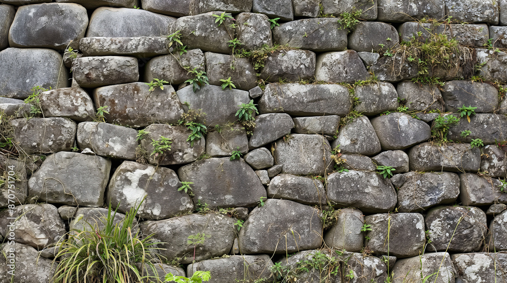 Close-up of intricate stone masonry walls within Machu Picchu showing fine craftsmanship against a backdrop of wild flora. Close-up of intricate stone masonry walls within Machu Picchu showing fine craftsmanship against a backdrop of wild flora.