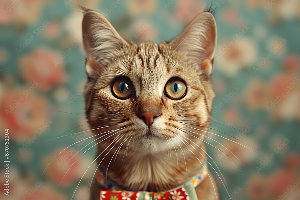 Fototapeta premium A Close Up Portrait of a Tabby Cat Wearing a Bow Tie